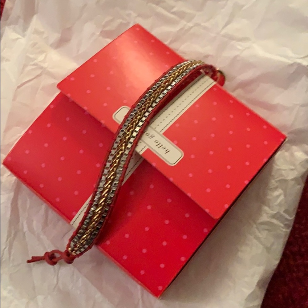 Stella & Dot red leather and gold chain bracelet